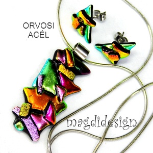 Szines  borzaska dichroic üvegékszer szett nyaklánc stiftes fülbevaló  - Meska.hu