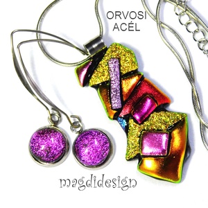 Szines  borzaska dichroic üvegékszer szett nyaklánc lógós fülbevaló , Ékszer, Ékszerszett, Ékszerkészítés, Üvegművészet, MESKA