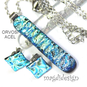 Ezüstös kék dichroic üvegékszer szett nyaklánc stiftes fülbevaló  1, Ékszer, Ékszerszett, Üvegművészet, Ékszerkészítés, MESKA