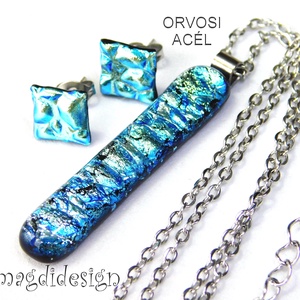 Ezüstös kék dichroic üvegékszer szett nyaklánc stiftes fülbevaló  1 - ékszer - ékszerszett - Meska.hu