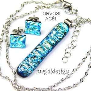 Ezüstös kék dichroic üvegékszer szett nyaklánc stiftes fülbevaló  1 - ékszer - ékszerszett - Meska.hu