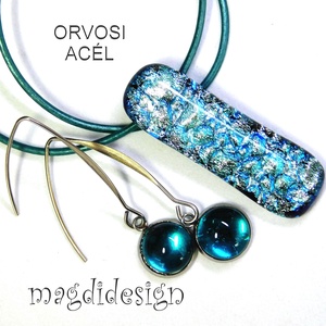 Ezüstös kék dichroic üvegékszer szett nyaklánc lógós fülbevaló  - ékszer - ékszerszett - Meska.hu