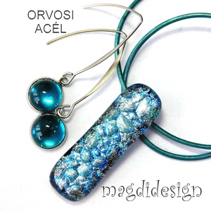 Ezüstös kék dichroic üvegékszer szett nyaklánc lógós fülbevaló  - ékszer - ékszerszett - Meska.hu