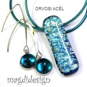 Ezüstös kék dichroic üvegékszer szett nyaklánc lógós fülbevaló , Ékszer, Ékszerszett, Üvegművészet, Ékszerkészítés, MESKA