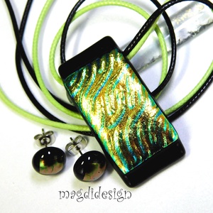 Arany-türkiz hullámok dichroic üvegékszer szett pötty fülbevaló, Ékszer, Ékszerszett, Üvegművészet, Ékszerkészítés, MESKA