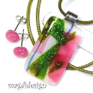 Rózsabokor üvegékszer szett nyaklánc stiftes fülbevaló 1 - ékszer - ékszerszett - Meska.hu