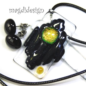  Fekete-arany cikk-cakk üvegékszer szett nyaklánc stiftes fülbevaló  - ékszer - ékszerszett - Meska.hu