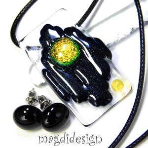  Fekete-arany cikk-cakk üvegékszer szett nyaklánc stiftes fülbevaló , Ékszer, Ékszerszett, Üvegművészet, Ékszerkészítés, MESKA