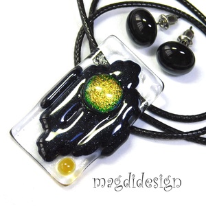  Fekete-arany cikk-cakk üvegékszer szett nyaklánc stiftes fülbevaló  - ékszer - ékszerszett - Meska.hu