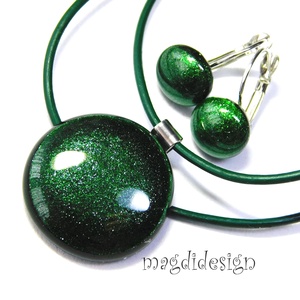 Smaragd selyem aventurin üvegékszer szett, nyaklánc, kapcsos fülbevaló - ékszer - ékszerszett - Meska.hu