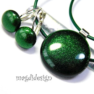 Smaragd selyem aventurin üvegékszer szett, nyaklánc, kapcsos fülbevaló, Ékszer, Ékszerszett, Ékszerkészítés, Üvegművészet, MESKA