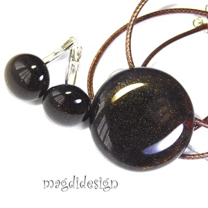 Trendi barna selyemfény üvegékszer szett, nyaklánc, kapcsos fülbevaló - ékszer - ékszerszett - Meska.hu