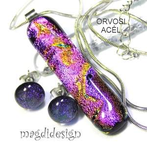 Bíbor-lila színjáték dichroic üvegékszer szett nyaklánc stiftes fülbevaló  1, Ékszer, Ékszerszett, Üvegművészet, Ékszerkészítés, MESKA
