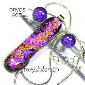 Bíbor-lila színjáték dichroic üvegékszer szett nyaklánc stiftes fülbevaló  1 - ékszer - ékszerszett - Meska.hu