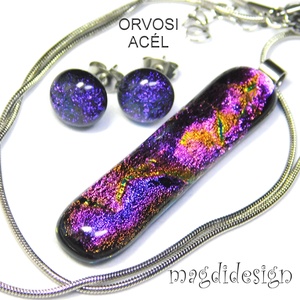 Bíbor-lila színjáték dichroic üvegékszer szett nyaklánc stiftes fülbevaló  1 - ékszer - ékszerszett - Meska.hu