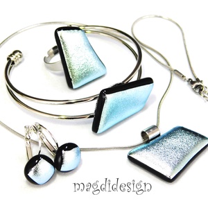 Ezüst dichroic üvegékszer szett nyaklánc, karkötő, gyűrű, kapcsos fülbevaló , Ékszer, Ékszerszett, Üvegművészet, Ékszerkészítés, MESKA