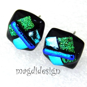 Kék-zöld  borzaska dichroic üvegékszer stiftes fülbevaló  - ékszer - fülbevaló - pötty fülbevaló - Meska.hu