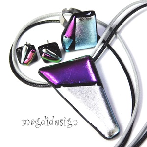 Ezüst ciklámen csillogás üvegékszer szett nyaklánc, gyűrű, stiftes fülbevaló 1 - Meska.hu