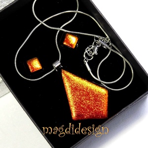 Narancs dichroic üvegékszer szett nyaklánc, stiftes fülbevaló  - ékszer - ékszerszett - Meska.hu