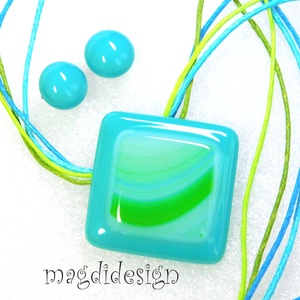 AKCIÓS! Türkiz-kék zöld hullámok üvegékszer szett, nyaklánc, pötty fülbevaló  - ékszer - ékszerszett - Meska.hu