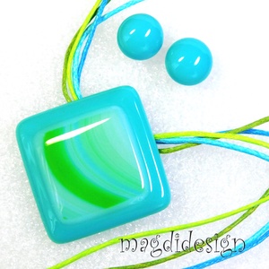 AKCIÓS! Türkiz-kék zöld hullámok üvegékszer szett, nyaklánc, pötty fülbevaló  - ékszer - ékszerszett - Meska.hu