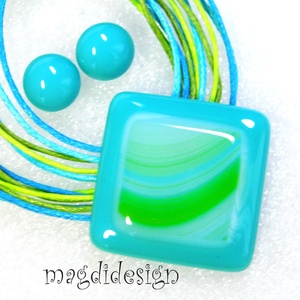 AKCIÓS! Türkiz-kék zöld hullámok üvegékszer szett, nyaklánc, pötty fülbevaló , Ékszer, Ékszerszett, Ékszerkészítés, Üvegművészet, MESKA