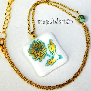 Arany-kék virág üvegékszer nyaklánc  - ékszer - nyaklánc - medálos nyaklánc - Meska.hu