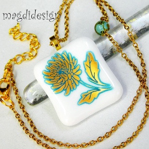 Arany-kék virág üvegékszer nyaklánc , Ékszer, Nyaklánc, Medálos nyaklánc, Ékszerkészítés, Üvegművészet, MESKA