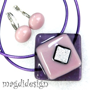 Lila rombusz üvegékszer szett, nyaklánc, kapcsos fülbevaló  - ékszer - ékszerszett - Meska.hu