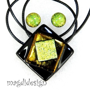 Fekete-arany absztrakt üvegékszer szett nyaklánc, stiftes fülbevaló - Meska.hu