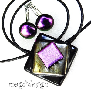 Fekete-ezüst-arany-ciklámen absztrakt üvegékszer szett nyaklánc, kapcsos fülbevaló - Meska.hu