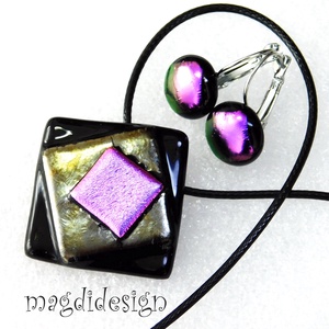 Fekete-ezüst-arany-ciklámen absztrakt üvegékszer szett nyaklánc, kapcsos fülbevaló - ékszer - ékszerszett - Meska.hu