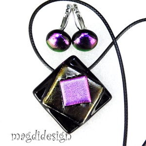 Fekete-ezüst-arany-ciklámen absztrakt üvegékszer szett nyaklánc, kapcsos fülbevaló - ékszer - ékszerszett - Meska.hu