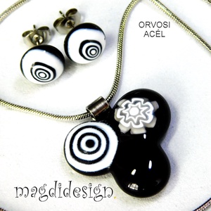 Fekete-fehér bogyós színtrió üvegékszer szett nyaklánc stiftes fülbevaló, Ékszer, Ékszerszett, Ékszerkészítés, Üvegművészet, MESKA
