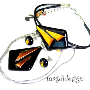 Narancs-fekete dichroic üvegékszer szett nyaklánc, karkötő, fülbevaló - ékszer - ékszerszett - Meska.hu