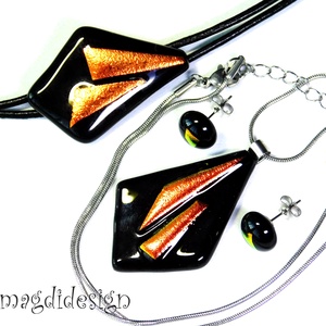 Narancs-fekete dichroic üvegékszer szett nyaklánc, karkötő, fülbevaló, Ékszer, Ékszerszett, Ékszerkészítés, Üvegművészet, MESKA