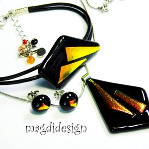 Narancs-fekete dichroic üvegékszer szett nyaklánc, karkötő, fülbevaló - ékszer - ékszerszett - Meska.hu