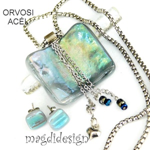 Ezüst-türkiz-arany mélység selyemcukor üvegékszer szett medál stiftes fülbevaló, Ékszer, Ékszerszett, Ékszerkészítés, Üvegművészet, MESKA