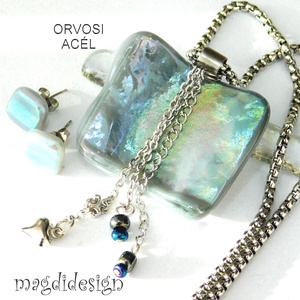 Ezüst-türkiz-arany mélység selyemcukor üvegékszer szett medál stiftes fülbevaló - ékszer - ékszerszett - Meska.hu