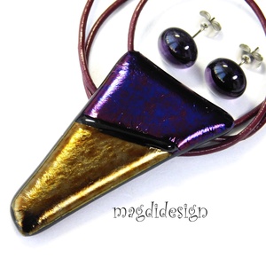 Bíbor-óarany csillogás üvegékszer szett nyaklánc stiftes fülbevaló - ékszer - ékszerszett - Meska.hu