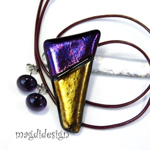 Bíbor-óarany csillogás üvegékszer szett nyaklánc stiftes fülbevaló - ékszer - ékszerszett - Meska.hu