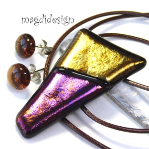 Óarany-bíbor csillogás üvegékszer szett nyaklánc stiftes fülbevaló - Meska.hu