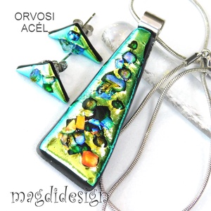Zöld köves színjáték dichroic üvegékszer szett nyaklánc fülbevaló - Meska.hu