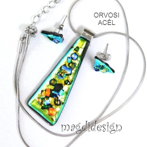 Zöld köves színjáték dichroic üvegékszer szett nyaklánc fülbevaló - ékszer - ékszerszett - Meska.hu