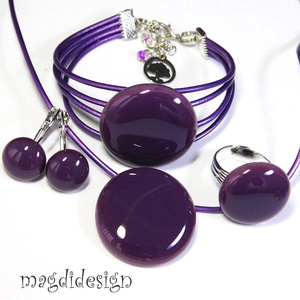 Sötétlila üvegékszer szett, nyaklánc, karkötő, gyűrű, kapcsos fülbevaló, Ékszer, Ékszerszett, Ékszerkészítés, Üvegművészet, MESKA