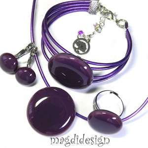 Sötétlila üvegékszer szett, nyaklánc, karkötő, gyűrű, kapcsos fülbevaló - ékszer - ékszerszett - Meska.hu