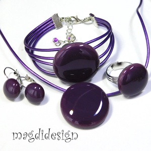 Sötétlila üvegékszer szett, nyaklánc, karkötő, gyűrű, kapcsos fülbevaló - ékszer - ékszerszett - Meska.hu