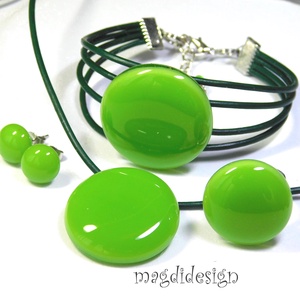 Zöld villanás üvegékszer szett, nyaklánc, karkötő, gyűrű, stiftes fülbevaló, Ékszer, Ékszerszett, Ékszerkészítés, Üvegművészet, MESKA