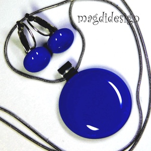 Királykék üvegékszer szett, nyaklánc, kapcsos fülbevaló , Ékszer, Ékszerszett, Ékszerkészítés, Üvegművészet, MESKA