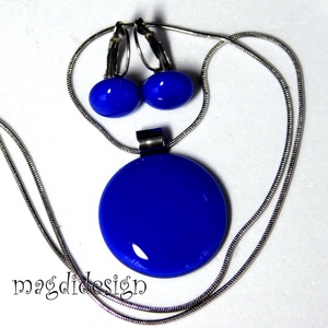 Királykék üvegékszer szett, nyaklánc, kapcsos fülbevaló  - ékszer - ékszerszett - Meska.hu